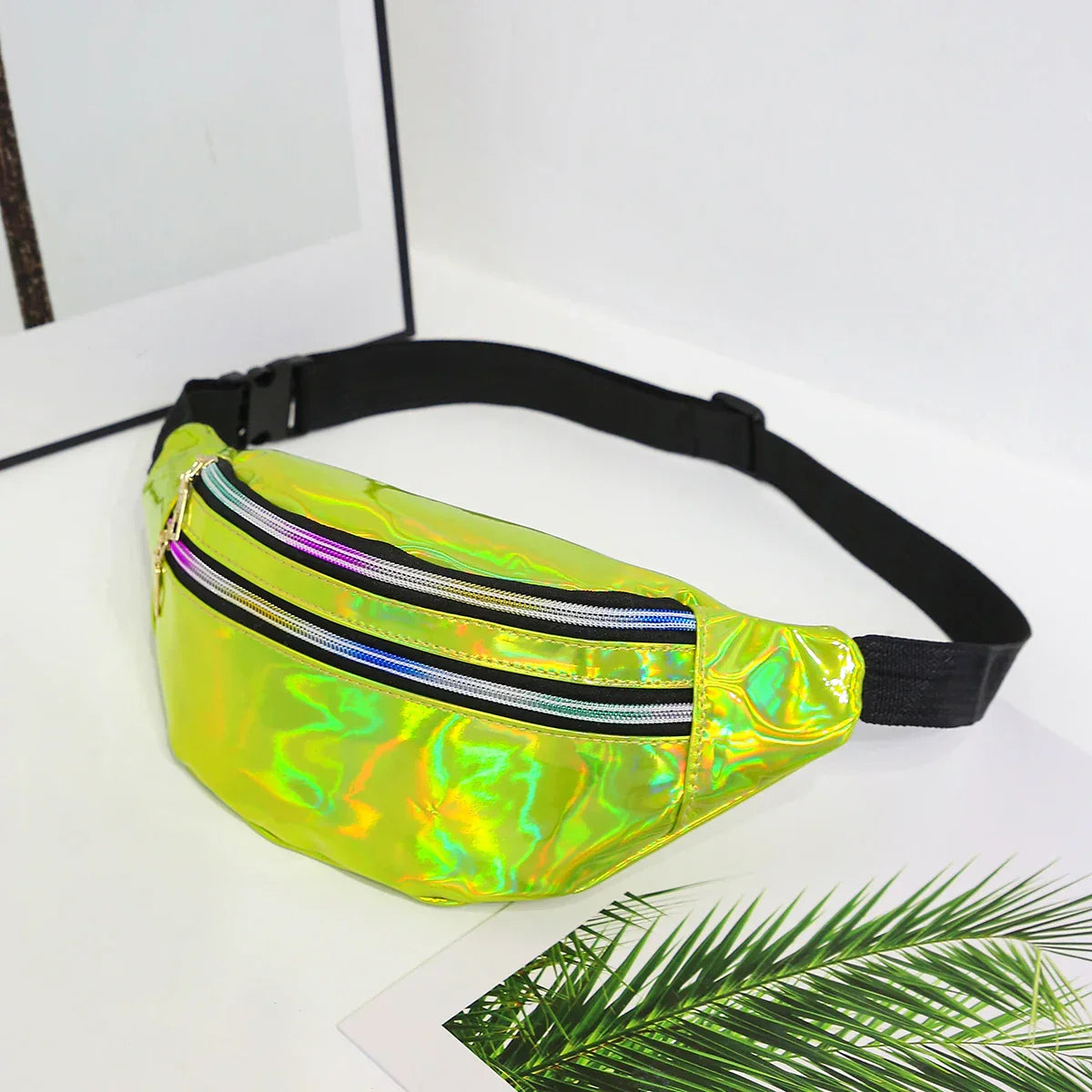 Holographic Fanny Pack – Reflective Festival Crossbody Bag with Zipper – Adjustable Waist & Shoulder Strap – Trendy Neon Silver & Purple Design