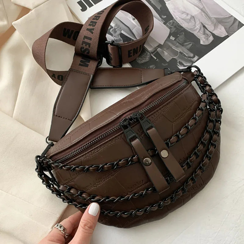 Black Braided PU Leather Crossbody Waist Bag – Adjustable Strap, Urban Style Fanny Pack for Women