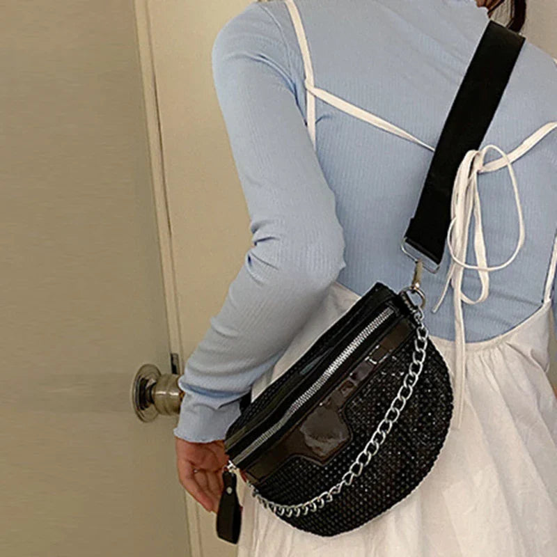 Trendy Black Crossbody Waist Bag with Chain Strap – Stylish Faux Leather Belt Bag for Women