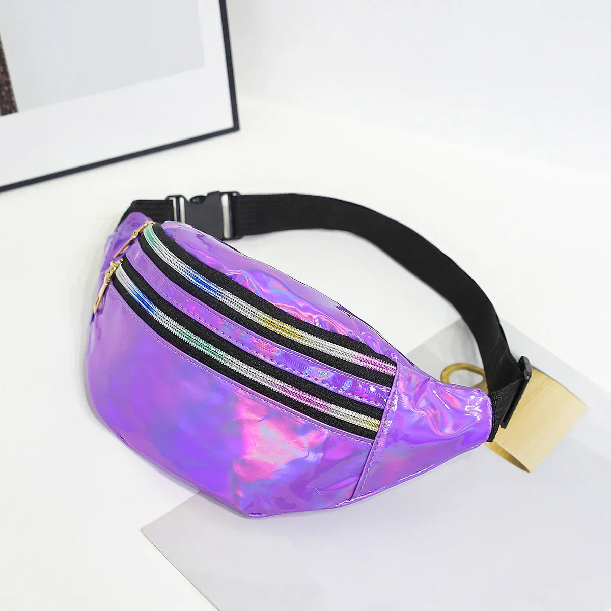 Holographic Fanny Pack – Reflective Festival Crossbody Bag with Zipper – Adjustable Waist & Shoulder Strap – Trendy Neon Silver & Purple Design
