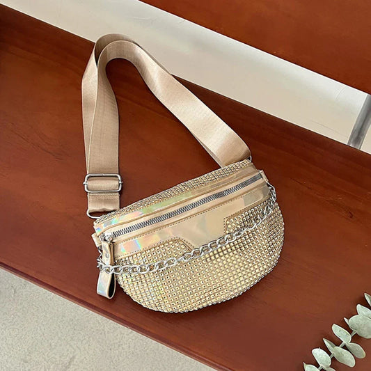 Gold Rhinestone Crossbody Belt Bag – Sparkling Evening Hip Purse with Detachable Strap