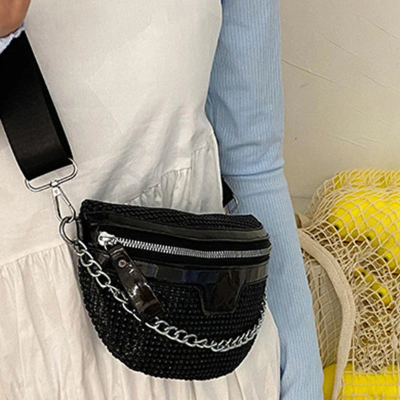 Trendy Black Crossbody Waist Bag with Chain Strap – Stylish Faux Leather Belt Bag for Women