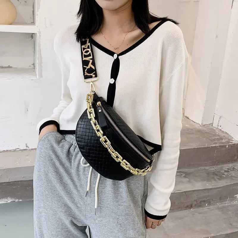 Stylish Crossbody Belt Bag with Gold Chain – Adjustable Strap Waist Pack for Women
