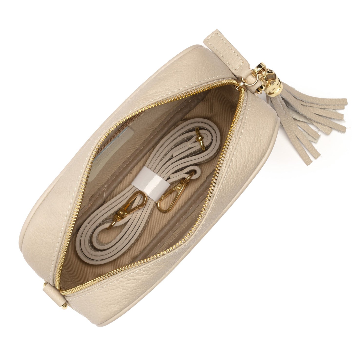 Beige Crossbody Bag for Women – Adjustable Strap with Ethnic Print & Tassel Detail