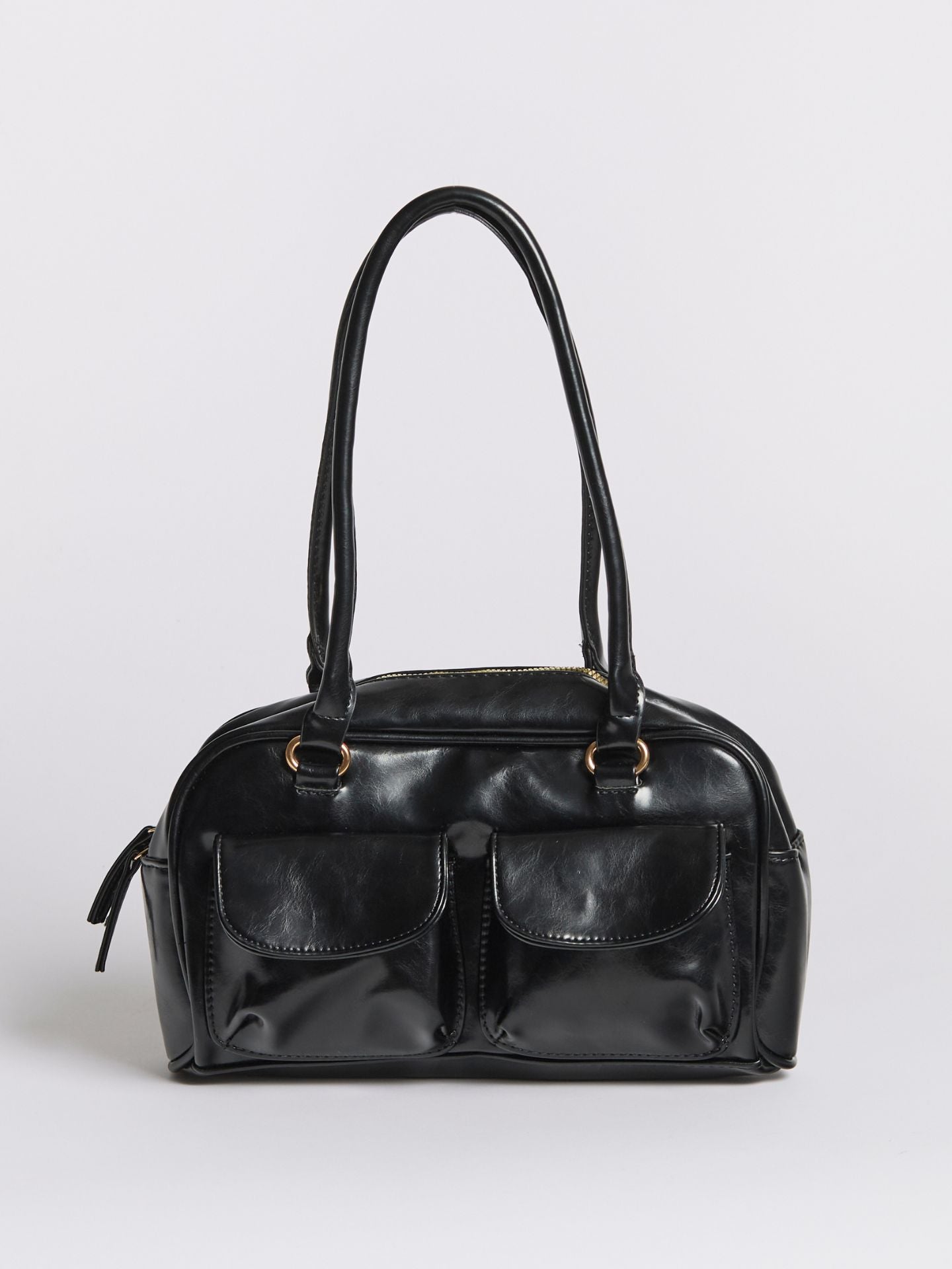 Vegan Leather Black Handbag with Dual Front Pockets – Stylish & Spacious