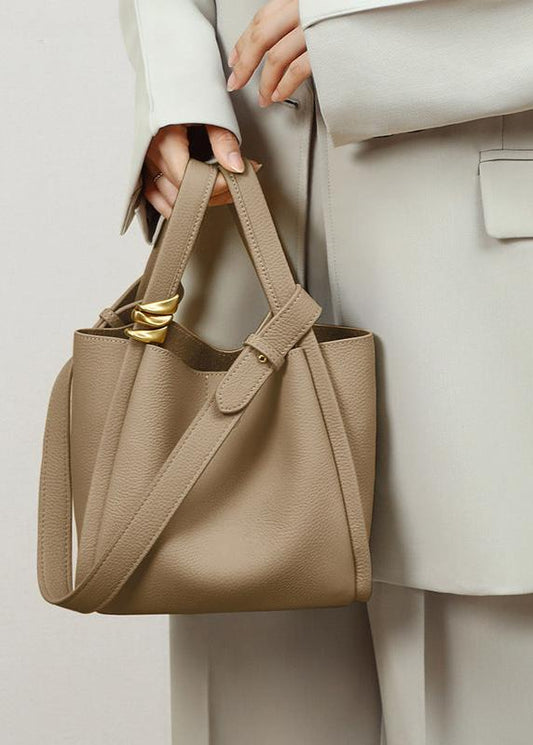 Genuine Leather Bucket Tote Bag for Women – Spacious Modern Handbag with Removable Inner Pouch & Gold Accents