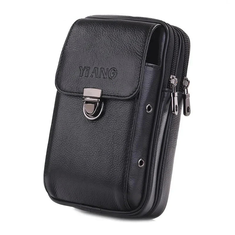 Men’s Premium Leather Waist Bag – Compact Belt Bag with Multiple Zippered Pockets for Everyday Use