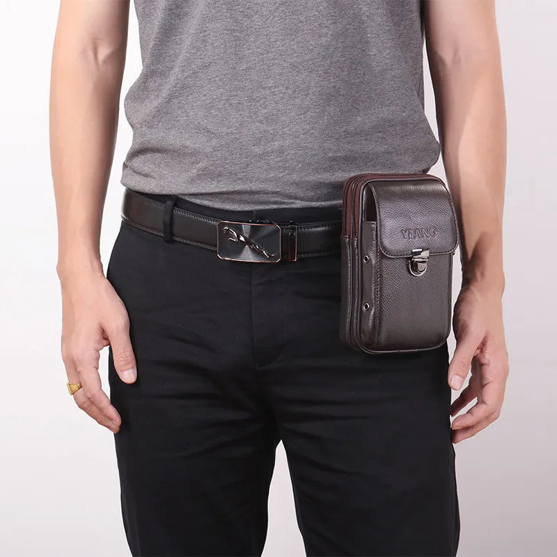 Men’s Premium Leather Waist Bag – Compact Belt Bag with Multiple Zippered Pockets for Everyday Use