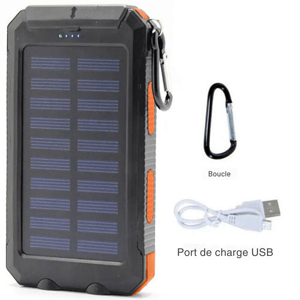 Solar Power Bank 20,000mAh – Waterproof Portable Charger with Dual USB Ports, LED Flashlight & Carabiner – Ideal for Camping, Hiking & Outdoor Adventures
