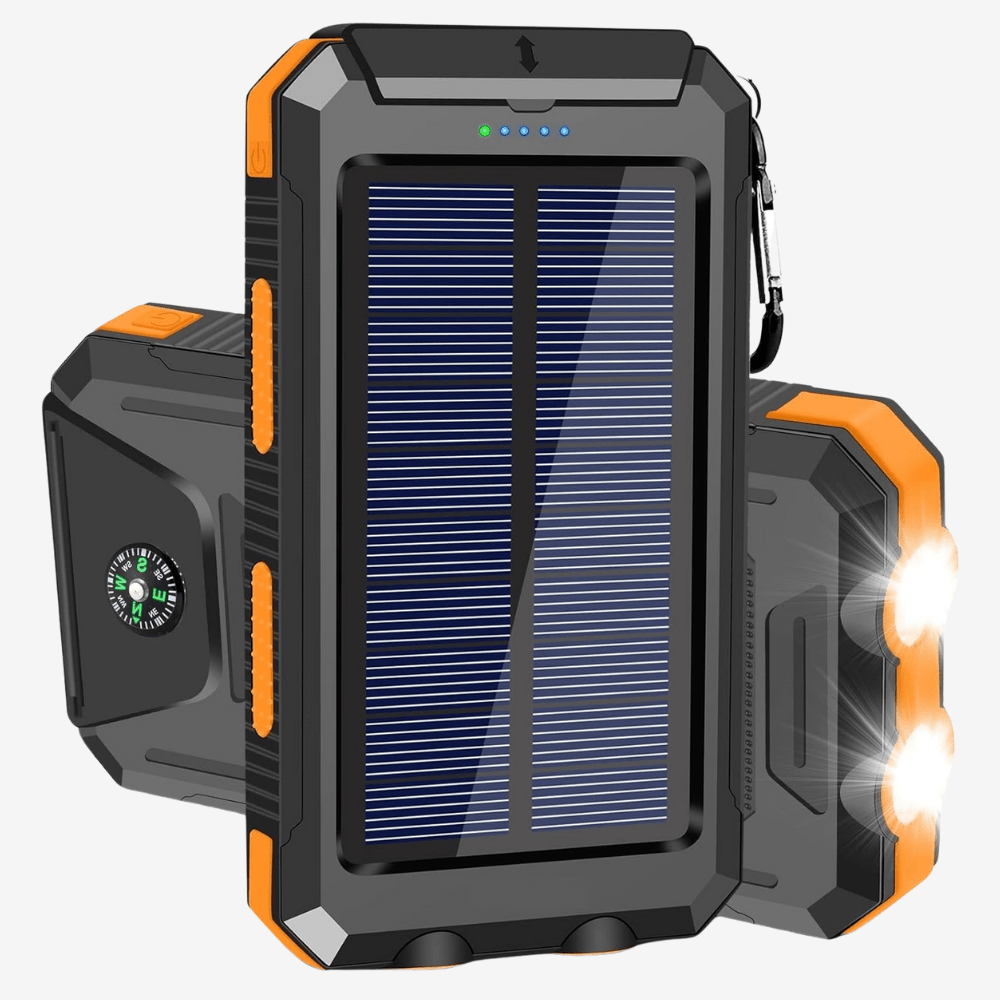 Solar Power Bank 20,000mAh – Waterproof Portable Charger with Dual USB Ports, LED Flashlight & Carabiner – Ideal for Camping, Hiking & Outdoor Adventures