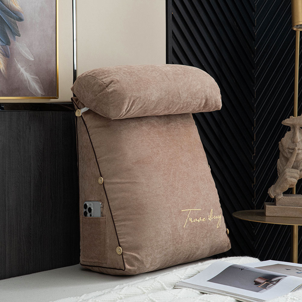 Large Triangle Reading Pillow Backrest Cushion with Head Roll & Side Pockets – Ergonomic Bed & Sofa Support
