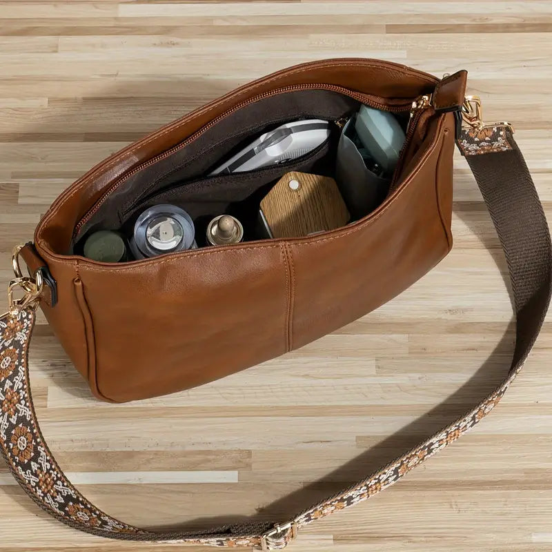 Vegan Leather Shoulder Bag with Wide Printed Strap – Stylish & Comfortable Everyday Handbag