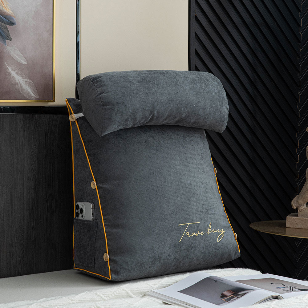 Large Triangle Reading Pillow Backrest Cushion with Head Roll & Side Pockets – Ergonomic Bed & Sofa Support
