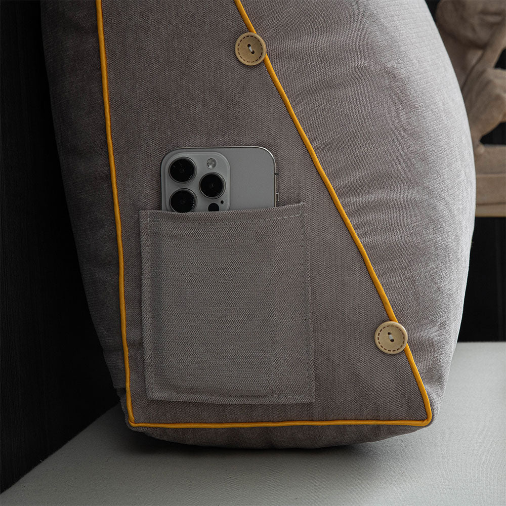 Large Triangle Reading Pillow Backrest Cushion with Head Roll & Side Pockets – Ergonomic Bed & Sofa Support