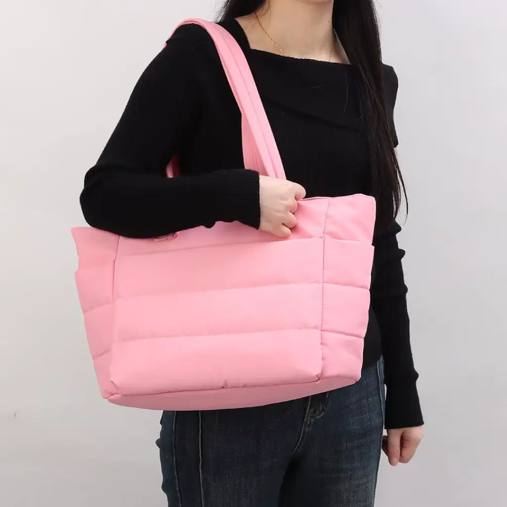 Black Puffer Tote Bag – Lightweight Quilted Tote for Laptop & Daily Use