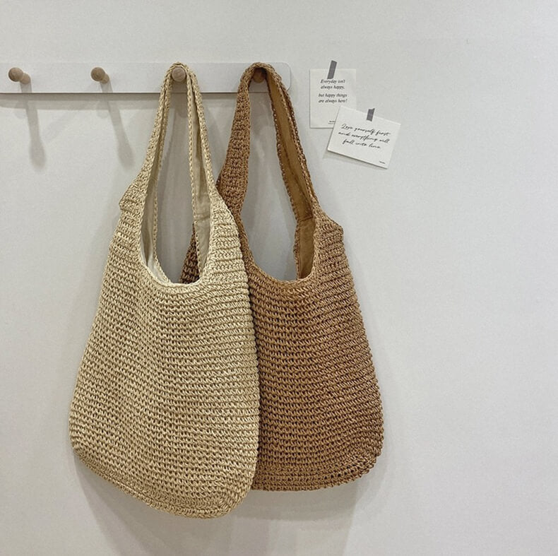 Large Bohemian Woven Straw Shopper Bag with Zipper – Sustainable Boho Beach Tote