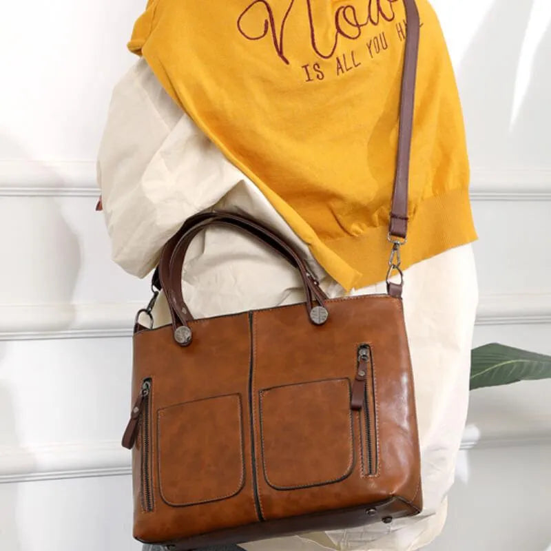 Women’s Shopper Tote Bag – Large Vegan Leather Handbag with Front Pockets & Shoulder Strap