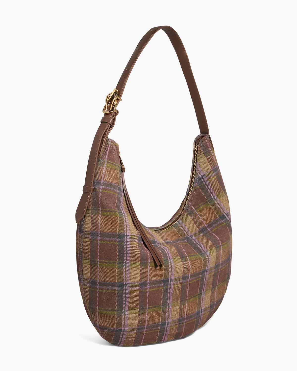 Vintage Plaid Hobo Bag – Brown & Green Checkered Shoulder Purse with Leather Accents