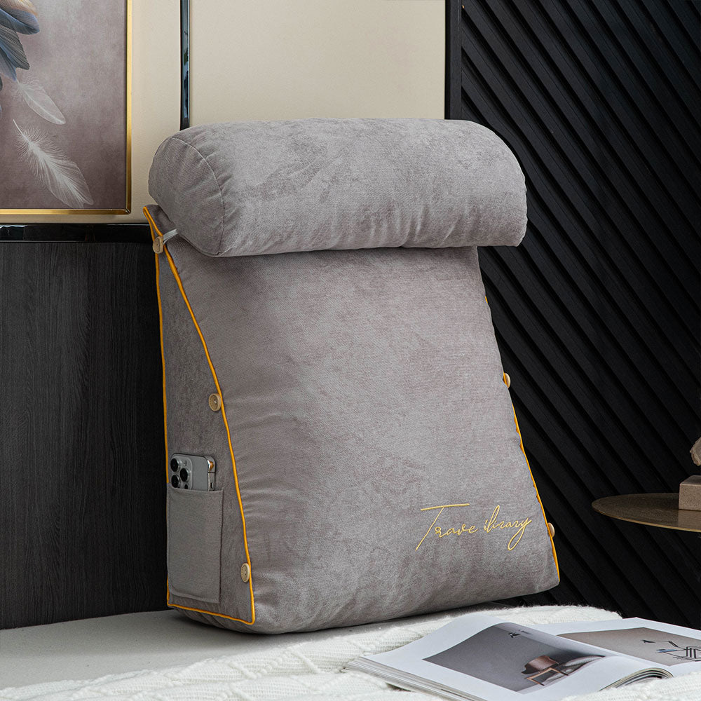 Large Triangle Reading Pillow Backrest Cushion with Head Roll & Side Pockets – Ergonomic Bed & Sofa Support