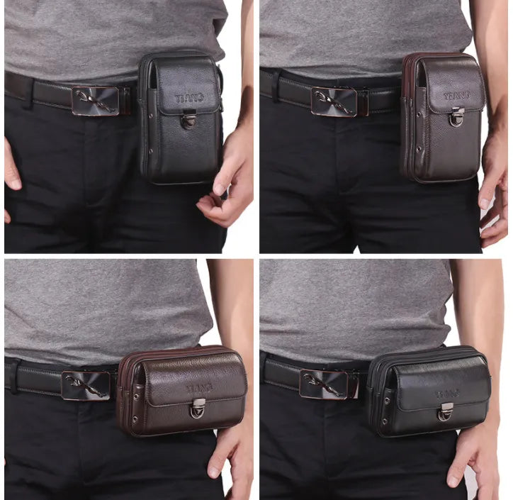 Men’s Premium Leather Waist Bag – Compact Belt Bag with Multiple Zippered Pockets for Everyday Use