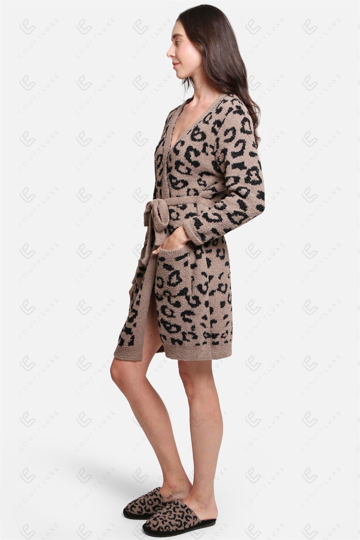 Luxe Leopard Print Microfiber Robe with Pockets & Belt – Ultra-Soft Loungewear for Women
