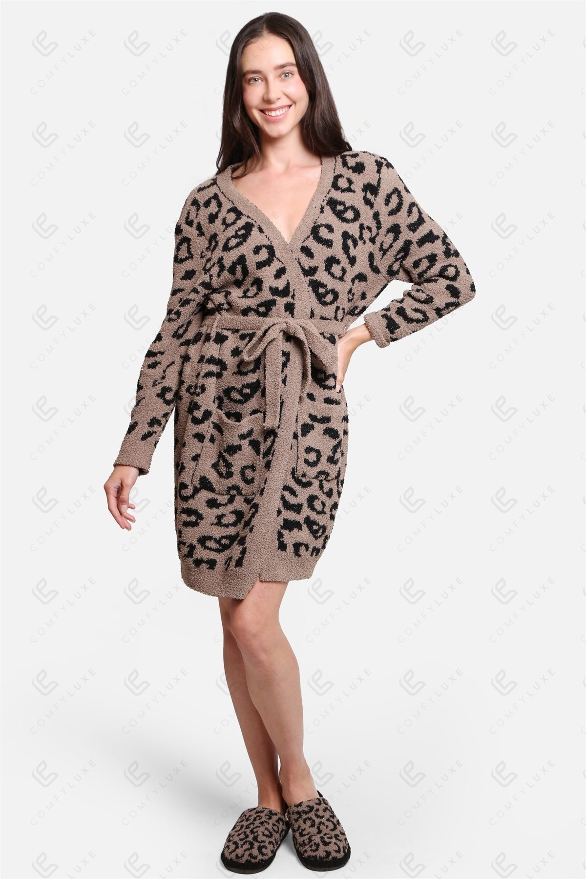 Luxe Leopard Print Microfiber Robe with Pockets & Belt – Ultra-Soft Loungewear for Women