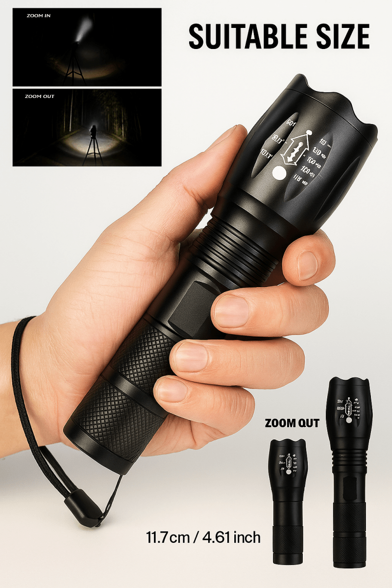 Tactical LED Flashlight – 1000 Lumens, Zoomable, Waterproof, 5 Modes, Compact Design