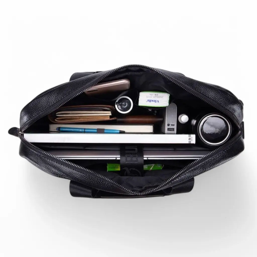 Premium 16-Inch Black Leather Laptop Bag for Men – Professional Briefcase with Padded Protection & Multiple Compartments