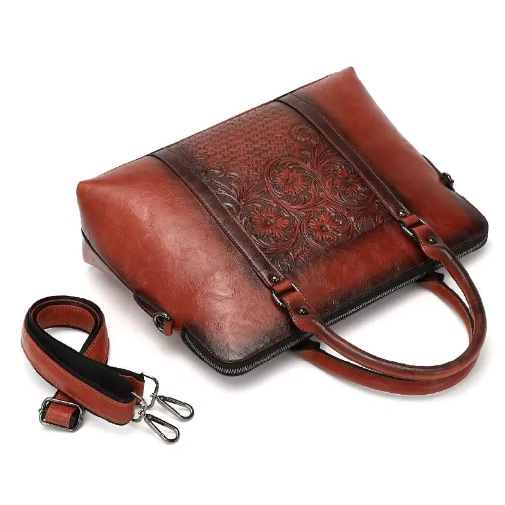 Vintage Leather Laptop Bag for Women – 14-inch Floral Design, Elegant & Timeless Style