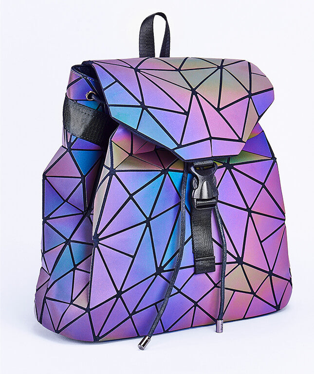 Reflective Holographic Backpack for Women – Adjustable Strap, Geometric Design, Glows in the Dark