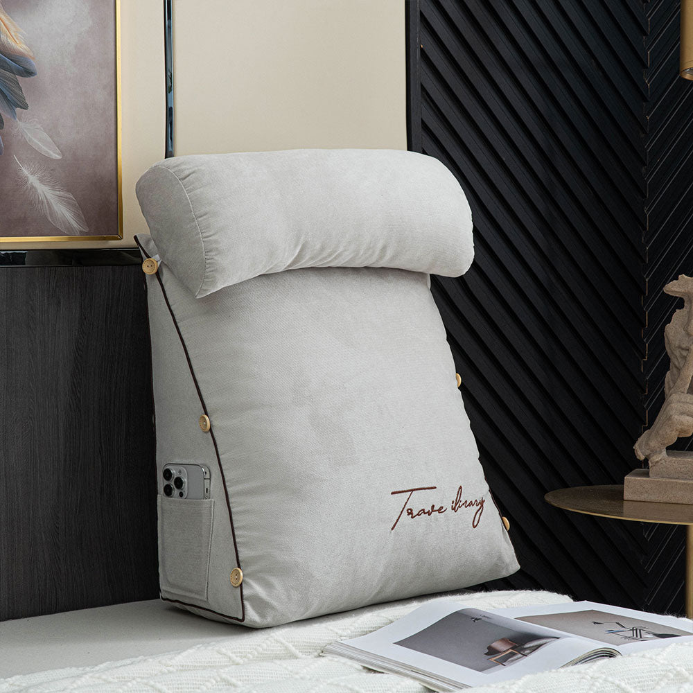 Large Triangle Reading Pillow Backrest Cushion with Head Roll & Side Pockets – Ergonomic Bed & Sofa Support