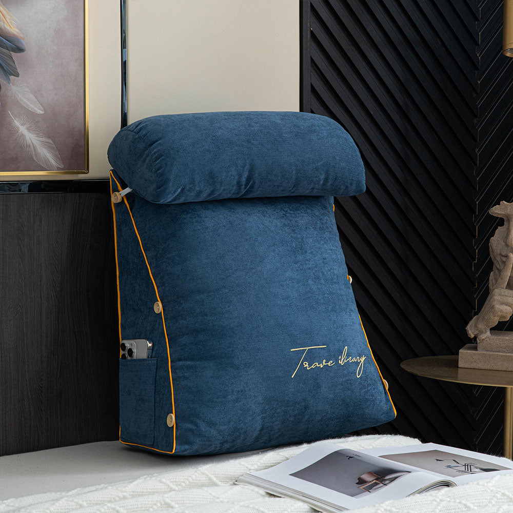 Large Triangle Reading Pillow Backrest Cushion with Head Roll & Side Pockets – Ergonomic Bed & Sofa Support