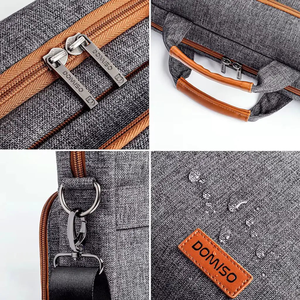16" Grey Laptop Bag for Men – Water-Resistant, Slim Briefcase with Cognac Accents