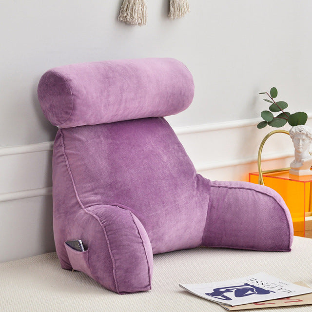 Ergonomic Backrest & Reading Pillow with Arms, Adjustable Headrest & Side Pocket – Soft Velour Washable Cover