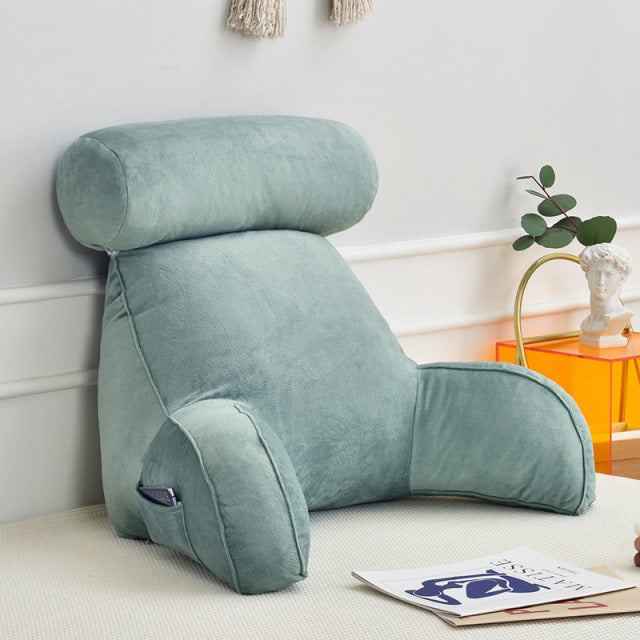 Ergonomic Backrest & Reading Pillow with Arms, Adjustable Headrest & Side Pocket – Soft Velour Washable Cover