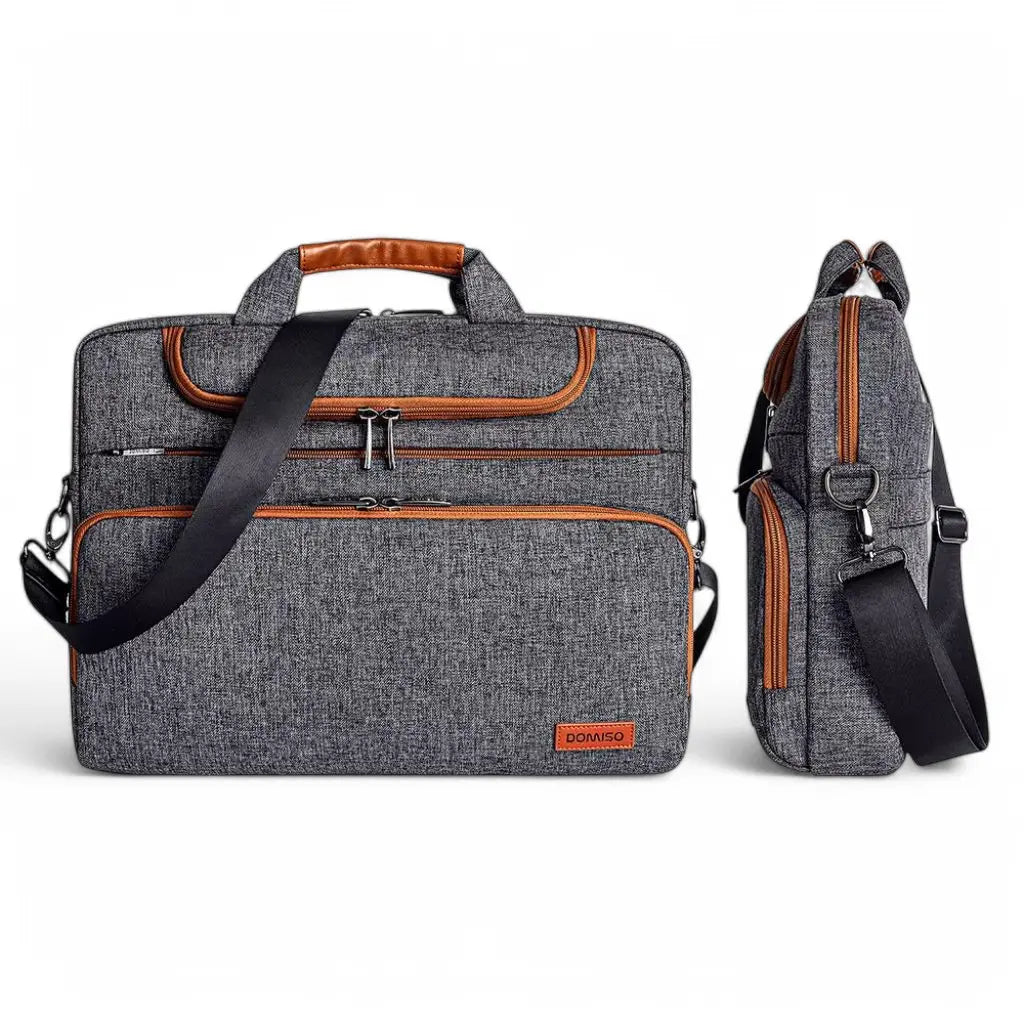 16" Grey Laptop Bag for Men – Water-Resistant, Slim Briefcase with Cognac Accents