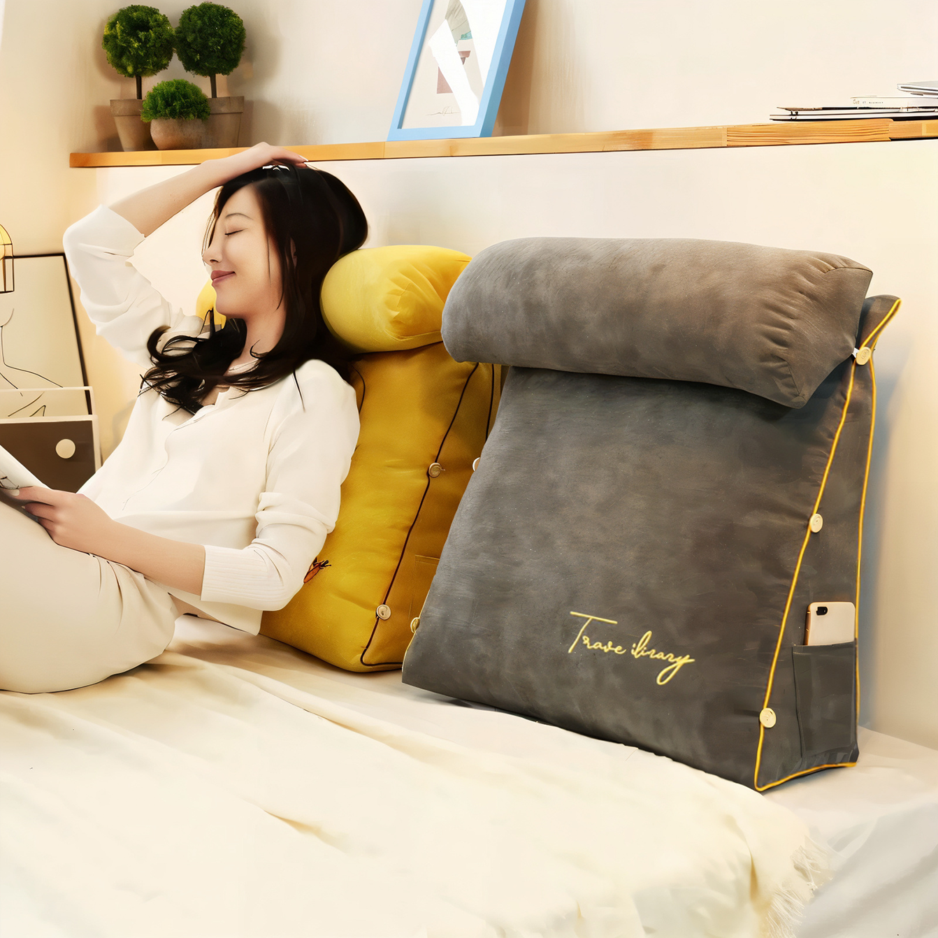 Large Triangle Reading Pillow Backrest Cushion with Head Roll & Side Pockets – Ergonomic Bed & Sofa Support
