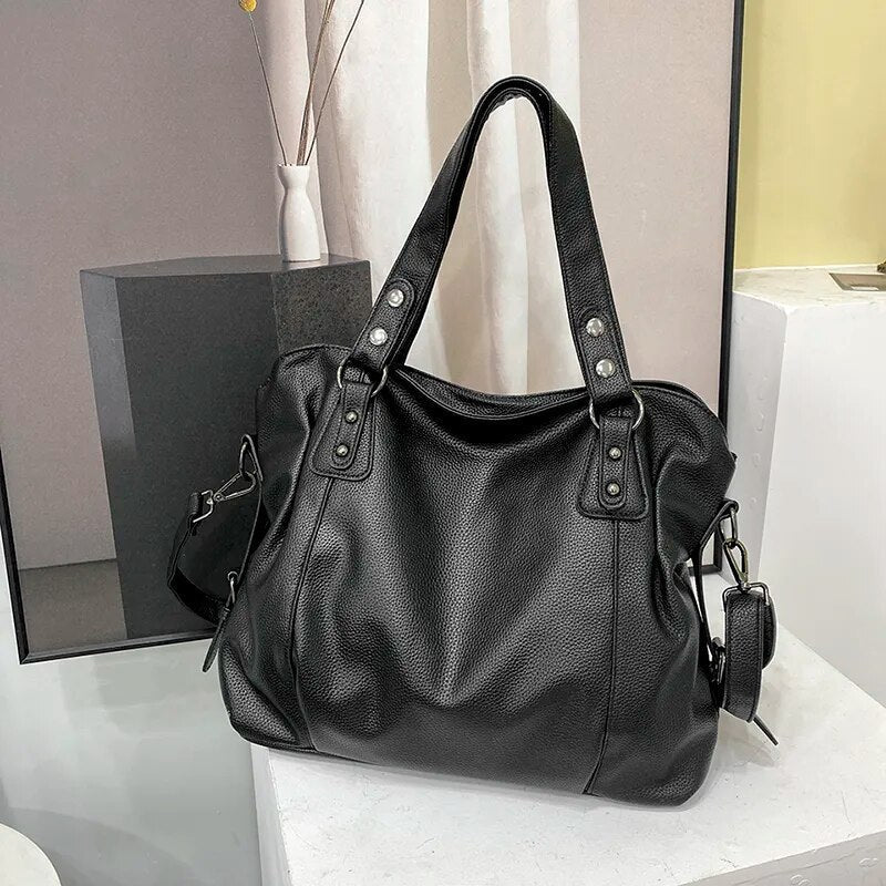 Stylish PU Leather Shoulder Bag – Spacious Tote with Multiple Pockets for Women
