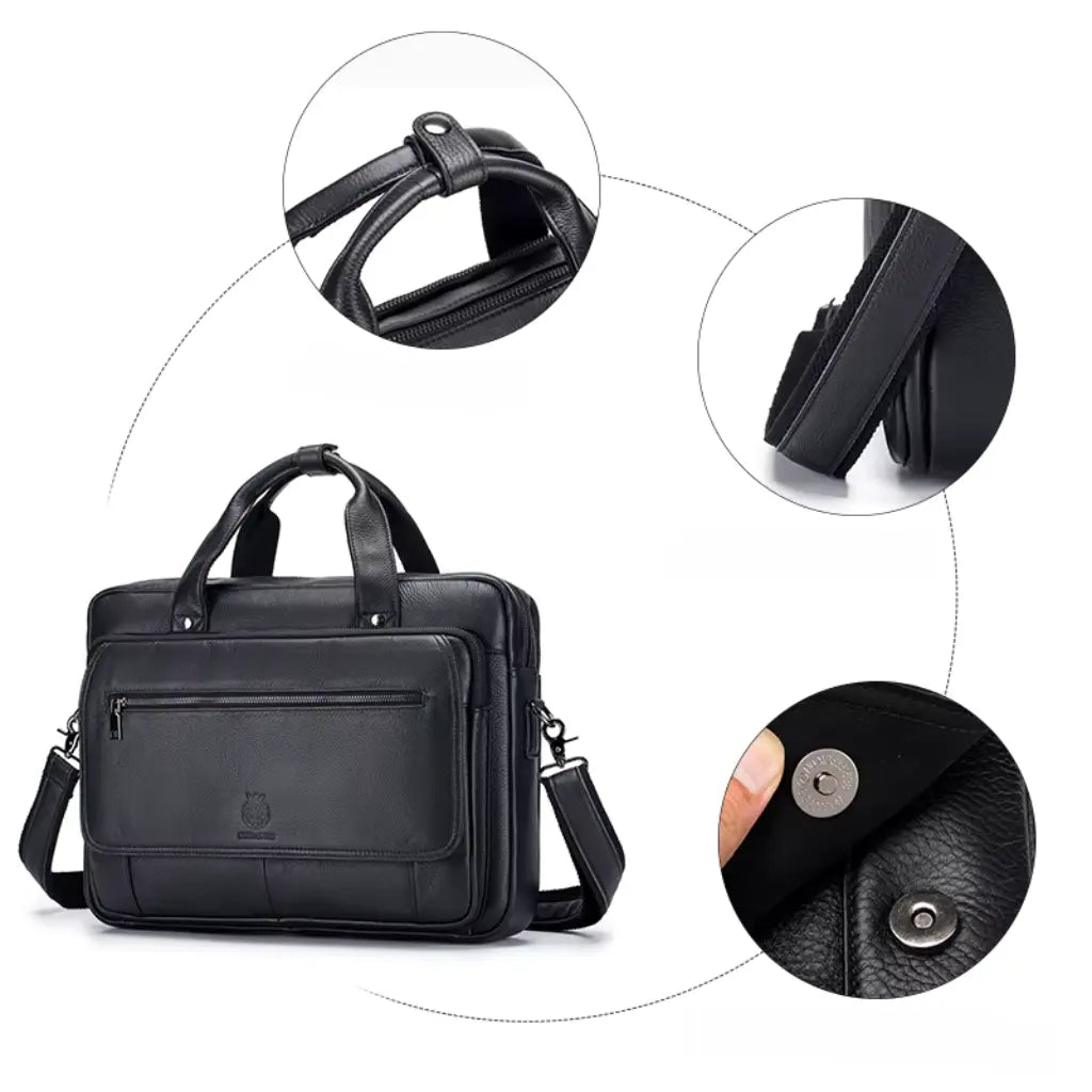 lack Leather Laptop Bag – Spacious Business Briefcase with Multiple Compartments