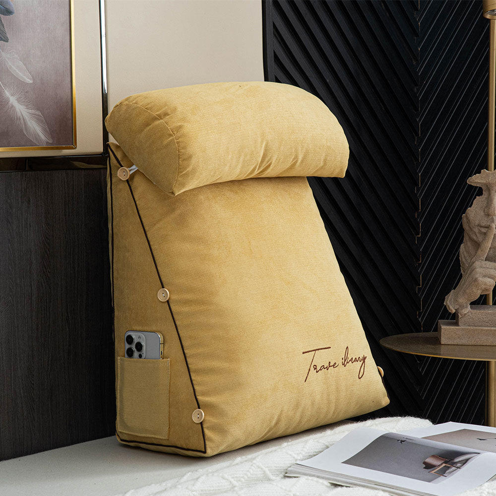 Large Triangle Reading Pillow Backrest Cushion with Head Roll & Side Pockets – Ergonomic Bed & Sofa Support
