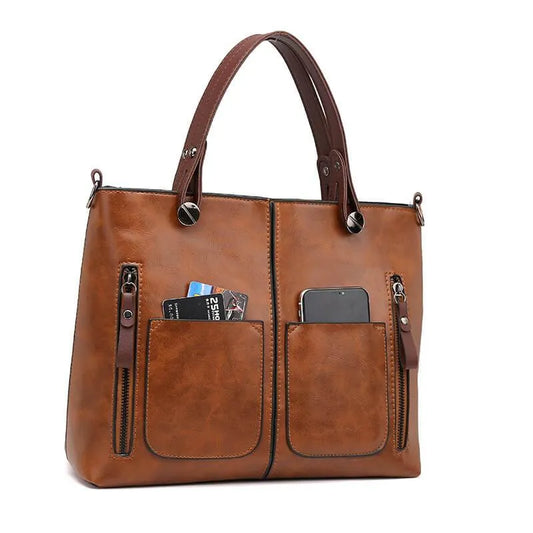 Women’s Shopper Tote Bag – Large Vegan Leather Handbag with Front Pockets & Shoulder Strap