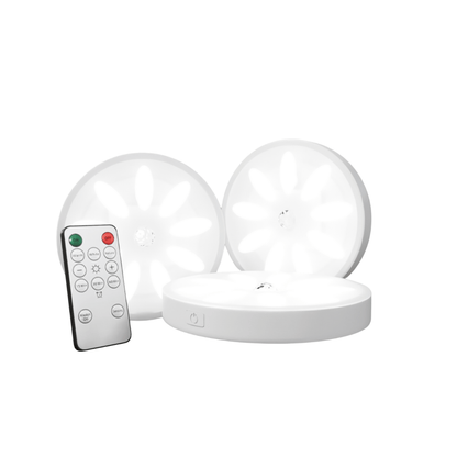 Wireless LED Puck Lights with Remote Control – Dimmable Under Cabinet Lighting with Timer & Adhesive Mount – Battery Operated, 3 Color Modes