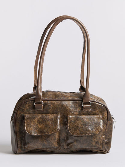 Luxury Vintage Shoulder Bag with Front Pockets – Vegan Leather & Timeless Design