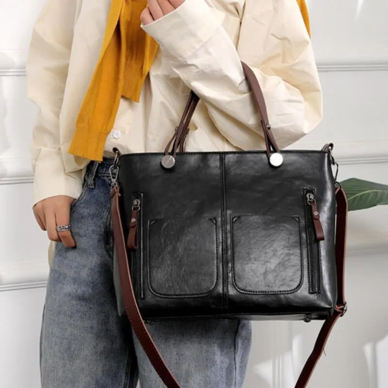 Women’s Shopper Tote Bag – Large Vegan Leather Handbag with Front Pockets & Shoulder Strap