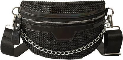 Trendy Black Crossbody Waist Bag with Chain Strap – Stylish Faux Leather Belt Bag for Women