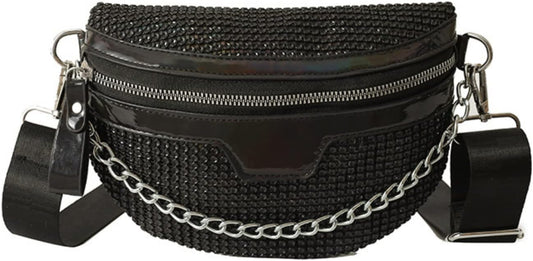 Trendy Black Crossbody Waist Bag with Chain Strap – Stylish Faux Leather Belt Bag for Women