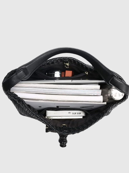 Vegan Leather Woven Hobo Shoulder Bag – Black, Stylish & Spacious