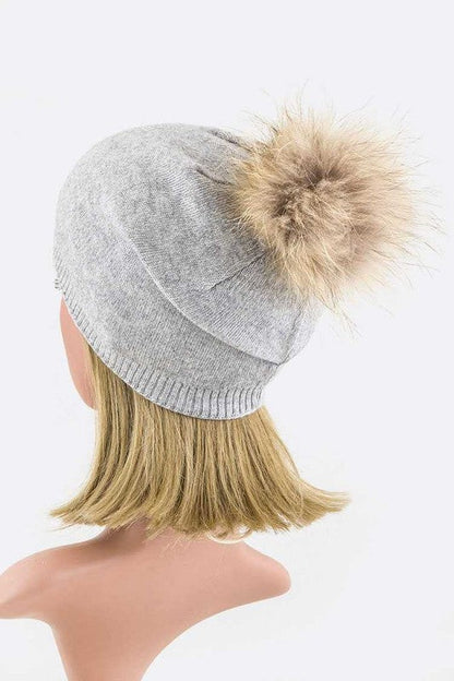 Luxury Wool-Cashmere Beanie with Detachable Raccoon Fur Pom Pom – Snap-On Winter Hat for Women