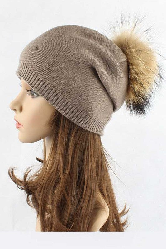 Luxury Wool-Cashmere Beanie with Detachable Raccoon Fur Pom Pom – Snap-On Winter Hat for Women