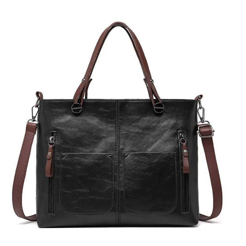 Women’s Shopper Tote Bag – Large Vegan Leather Handbag with Front Pockets & Shoulder Strap